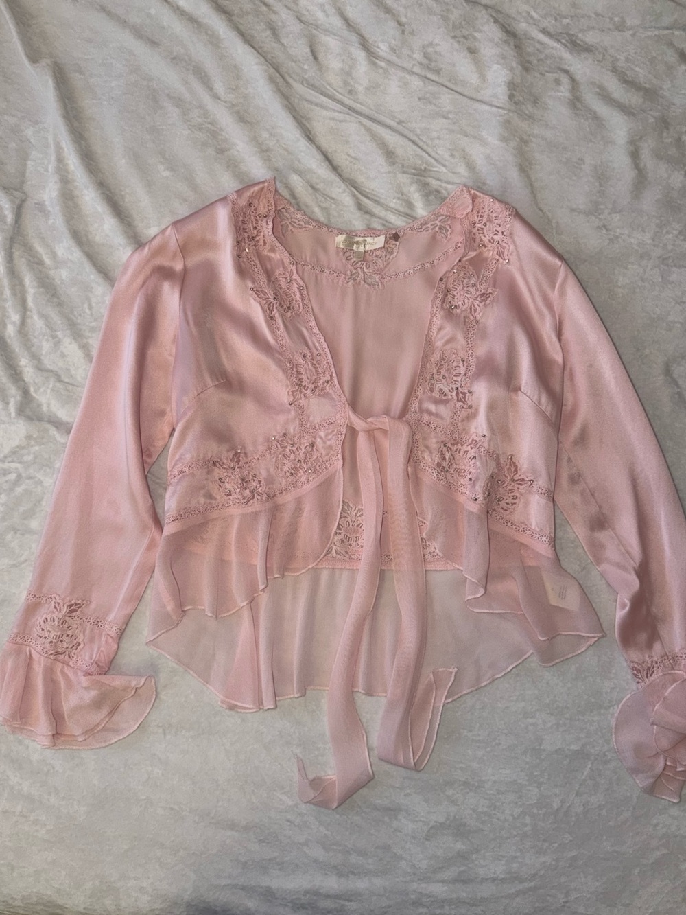 LoveShackFancy Light Pink Sheer Silk Lace Tie-Front Blouse